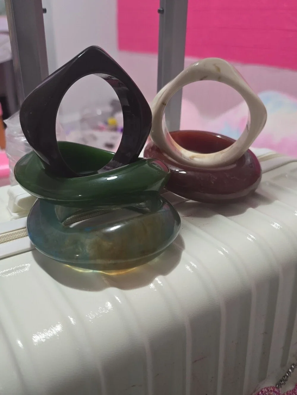 Resin Stackable Bangle Set - Green, Brown, Ivory, Dark Plum